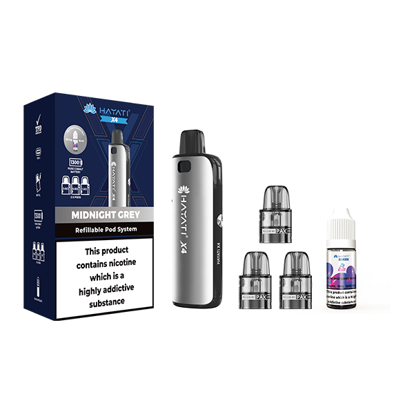 Hayati X4 Refillable Pod Vape Kit  Includes 1X Nic Salts 20mg + 3x Refillable Pods