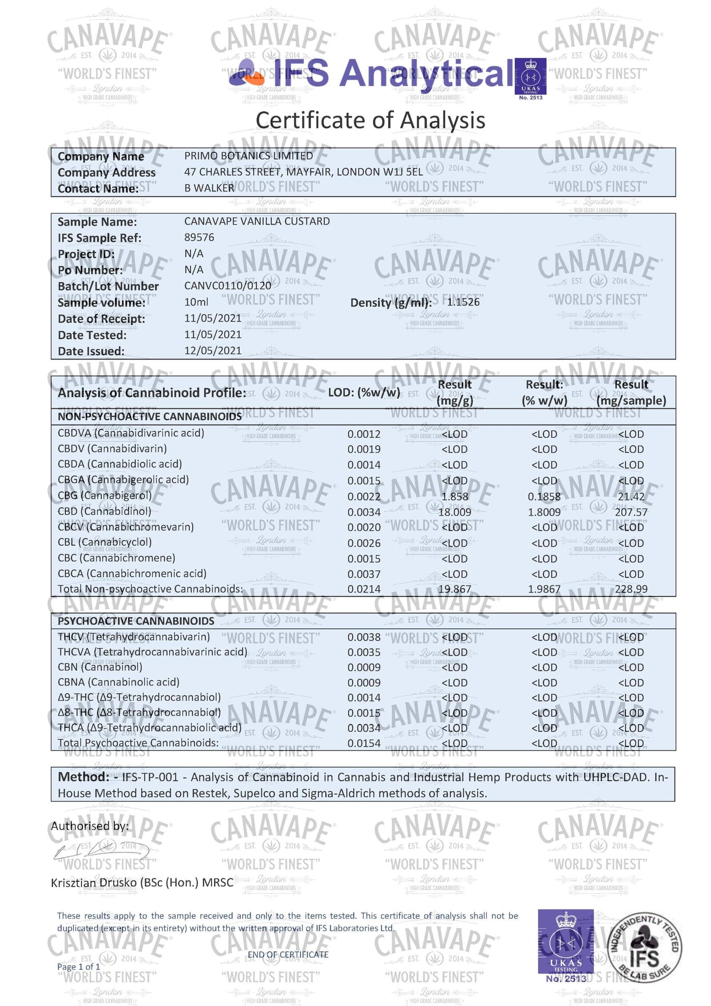 Canavape® 200mg CBD 20mg CBG 10ml E-liquid (50VG/50PG)